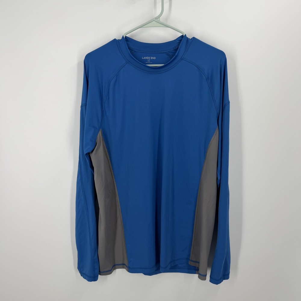 Lands' End Rash Guard Men Large Tall Blue Long Sleeve Swim Shirt UPF 50